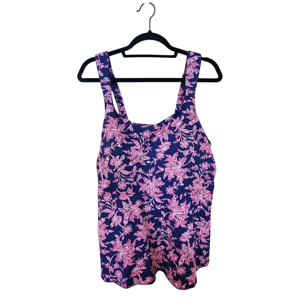 Lands' End Pink Floral on Navy Scoop One-Piece Swimsuit